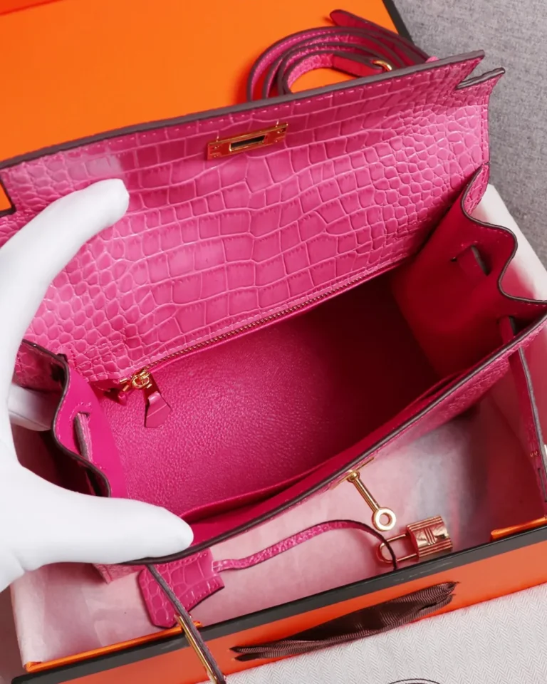 Kelly-Inspired Pink Croc-Pattern Top-Handle Bag, open interior