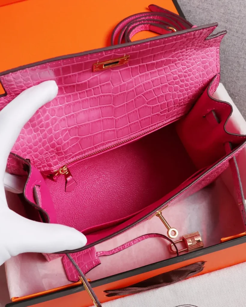 Kelly-Inspired Pink Croc-Pattern Top-Handle Bag, open interior