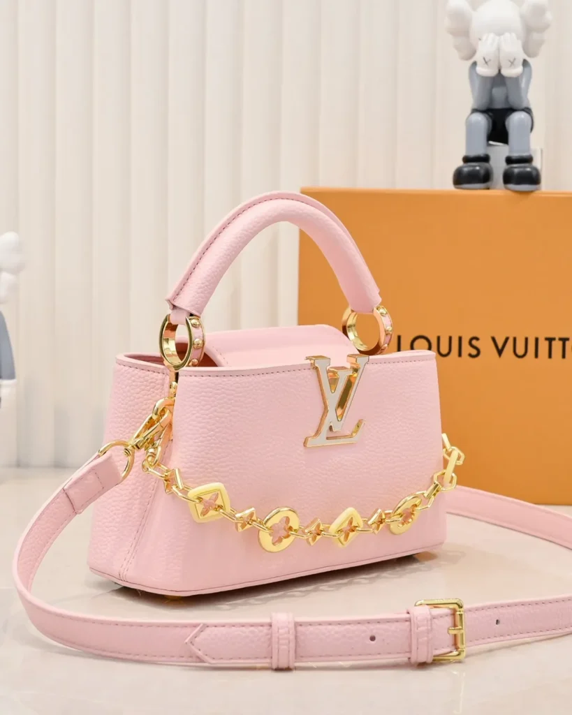 Pink Floral-Chain Top-Handle Bag — angled front view
