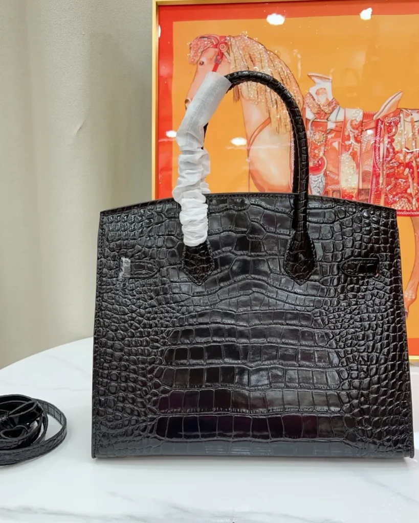 Black Glossy Scale-Texture Top-Handle Bag — rear view