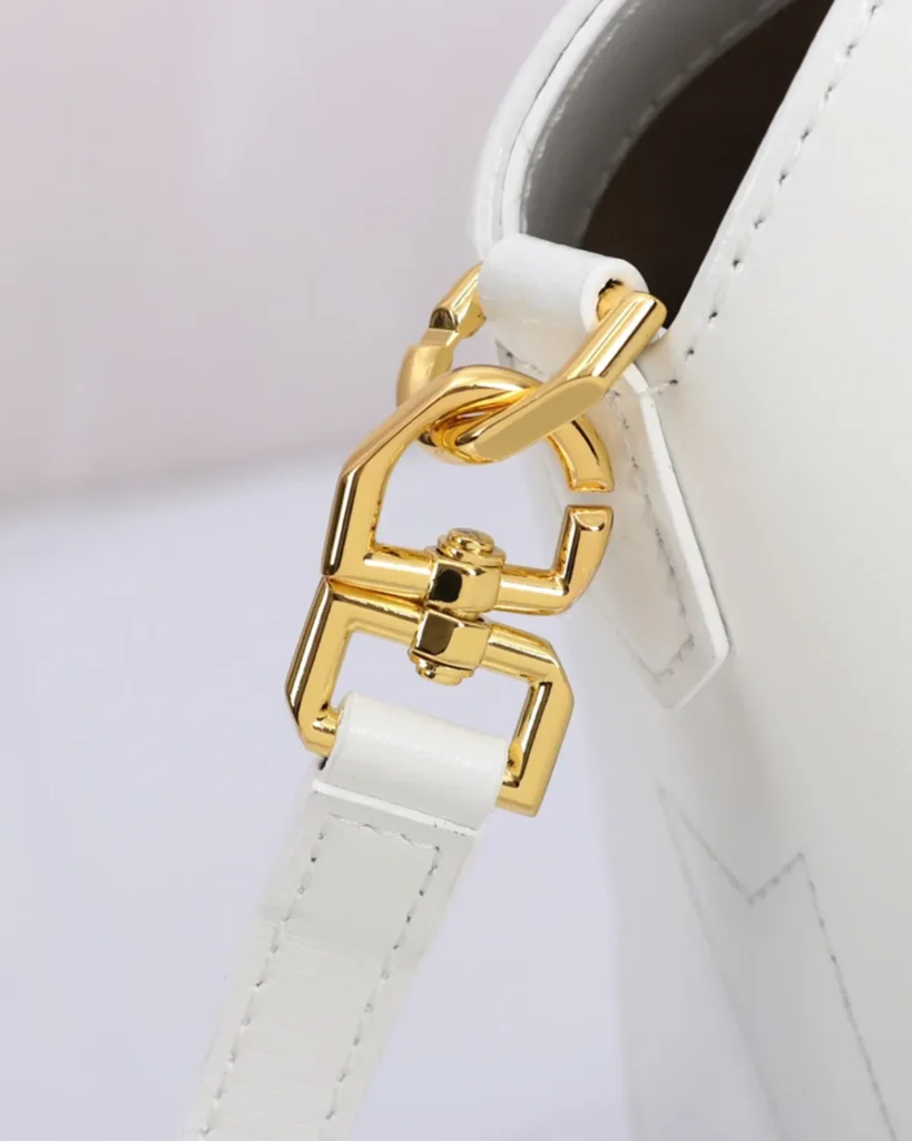 White Lock Detail Top Handle Bag — clip detail view