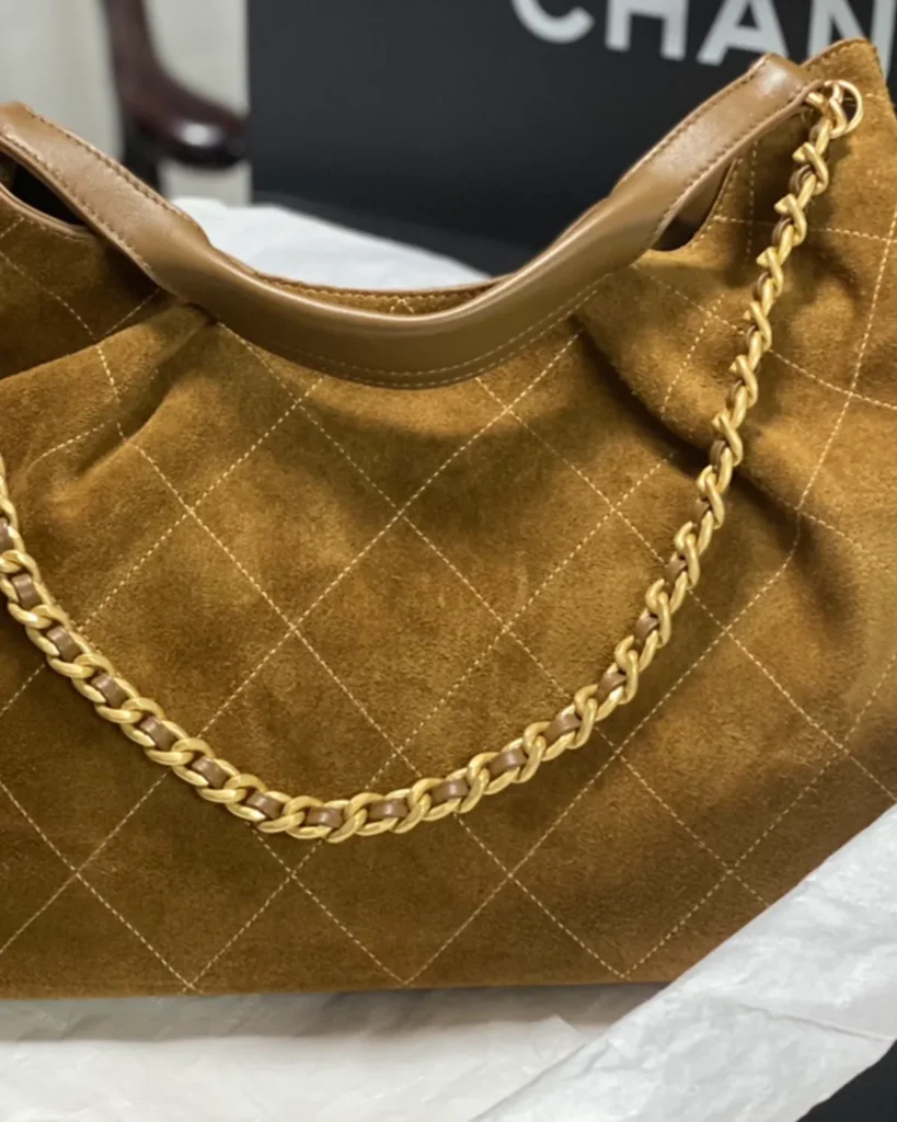 Brown Diamond-Stitched Chain Hobo Bag — rear view