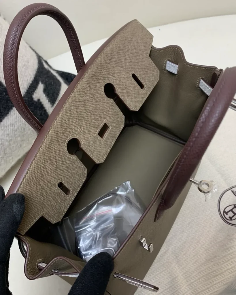 Taupe Burgundy White Top-Handle Bag — interior view