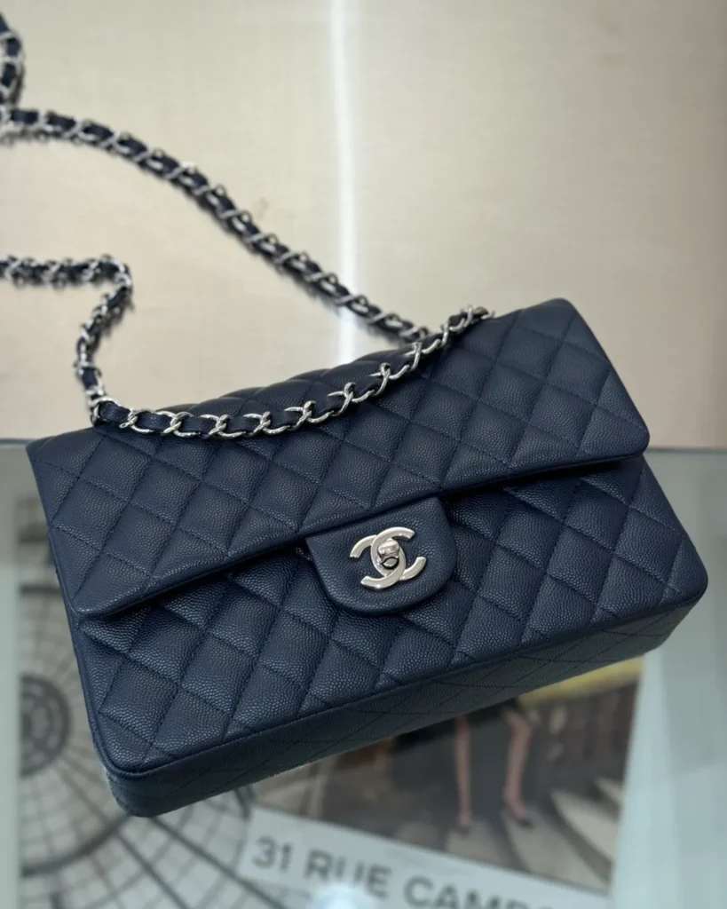 Slate Blue Quilted Chain Flap Bag — angled front view