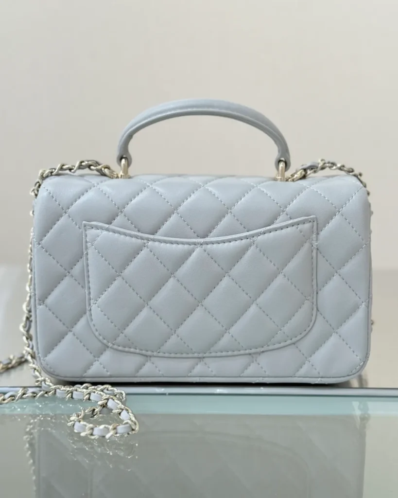 Pale Grey Quilted Top-Handle Flap Bag — rear view