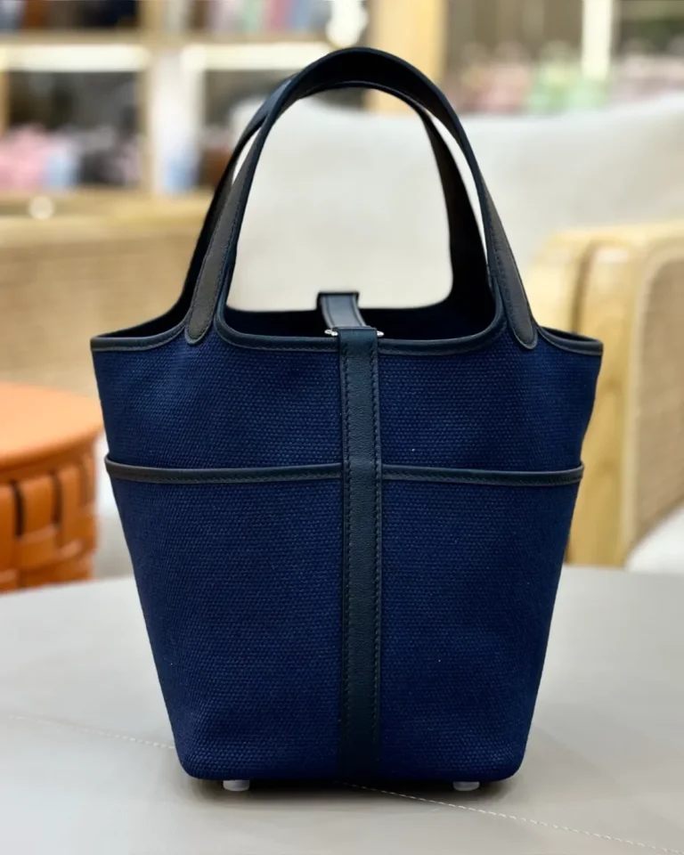 Picotin-Inspired Navy Textured Bucket Tote, rear view
