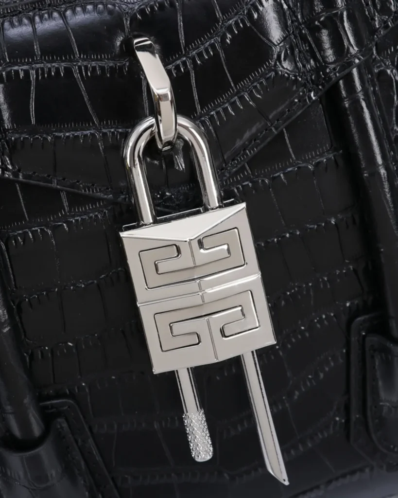 Black Scale-Texture Padlock Satchel — padlock detail