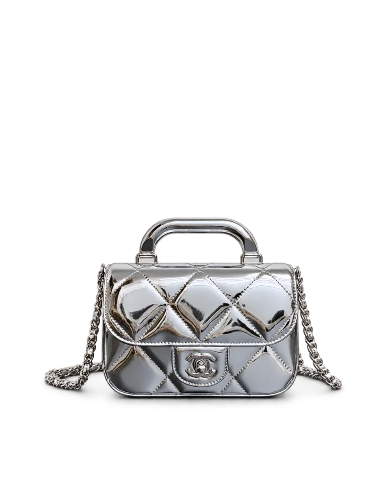 Metallic Silver Quilted Top-Handle Flap Bag — main view