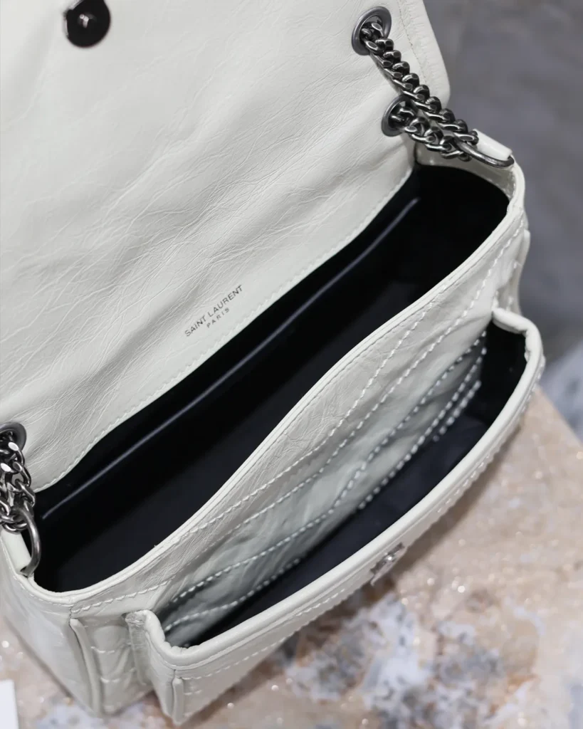 Ivory Crinkled Chevron Chain Bag — interior view