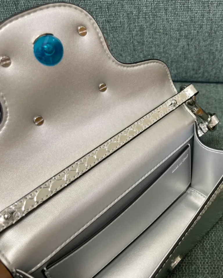Silver Scale-Pattern Top-Handle Flap Bag — interior view
