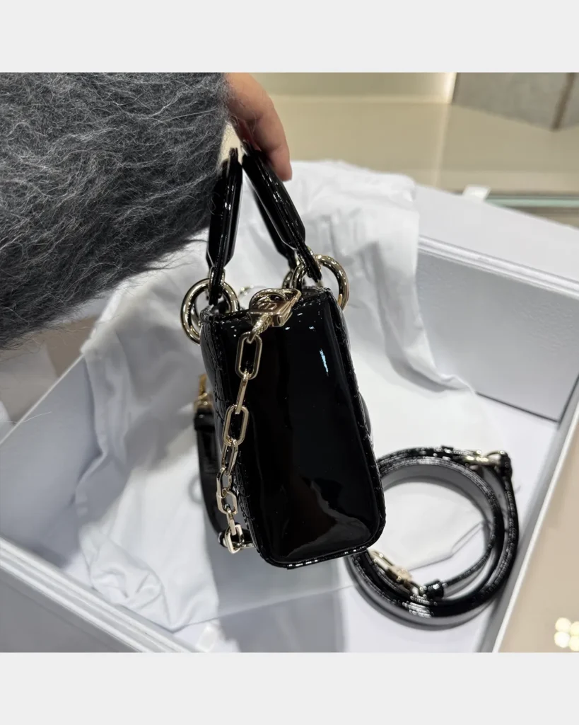 Glossy Black Horizontal Quilted Handbag — side view