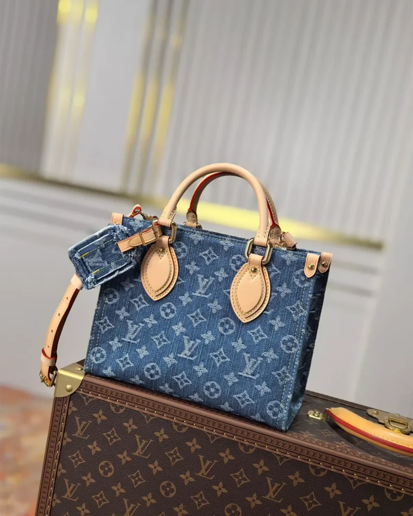 Blue Denim-Look Monogram Tote — front view