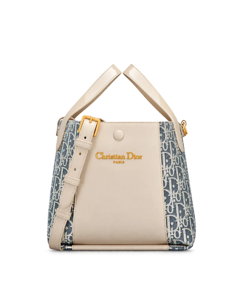 Cream and Blue Monogram Panel Tote — main view