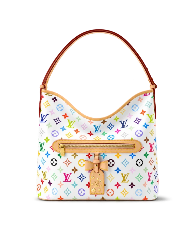 White Multicolor Monogram Bow Hobo Bag — upright front view