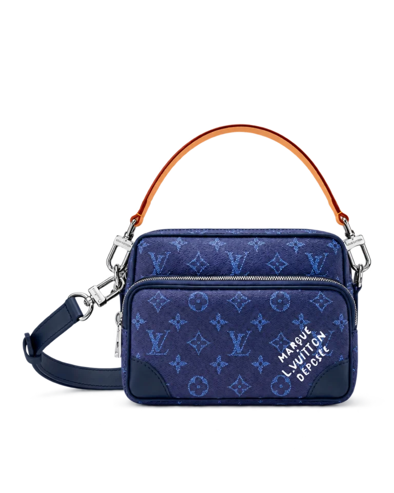 Blue Monogram Dual Zip Camera Bag — upright front view