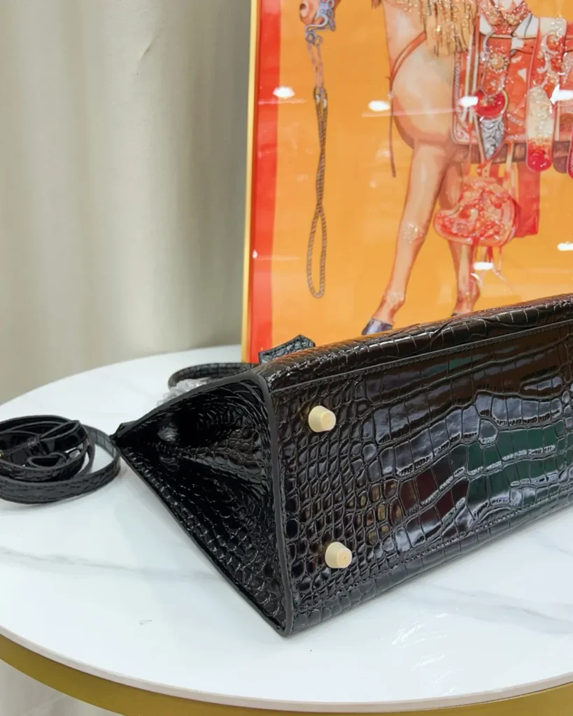 Black Glossy Scale-Texture Top-Handle Bag — base view