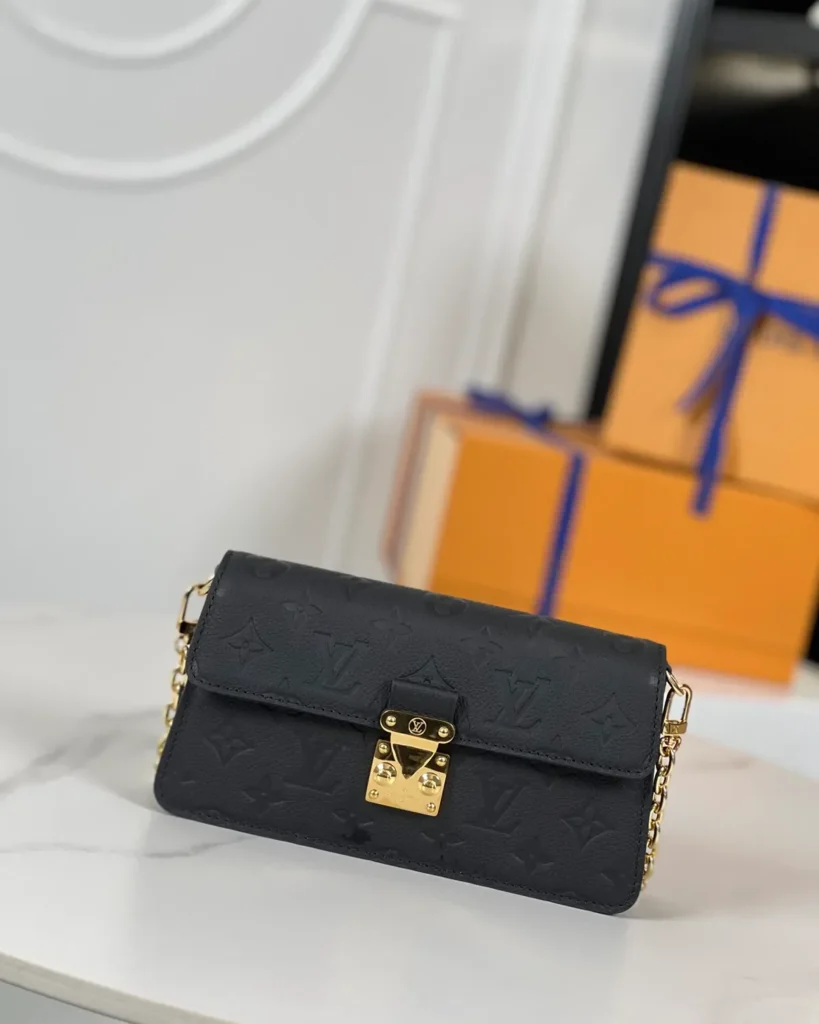 Black Embossed Flap Chain Wallet — front view