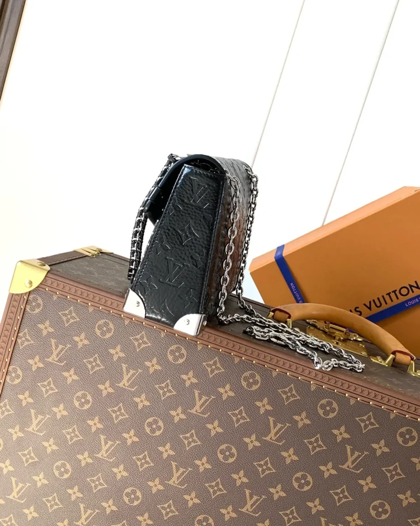 Black Embossed Chain Flap Bag — side view