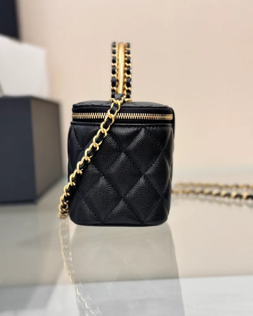 Black Quilted Chain-Handle Vanity Bag — side view