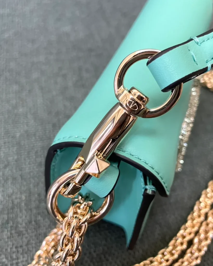 Mint Green Stone-Detail Flap Shoulder Bag — strap clip view