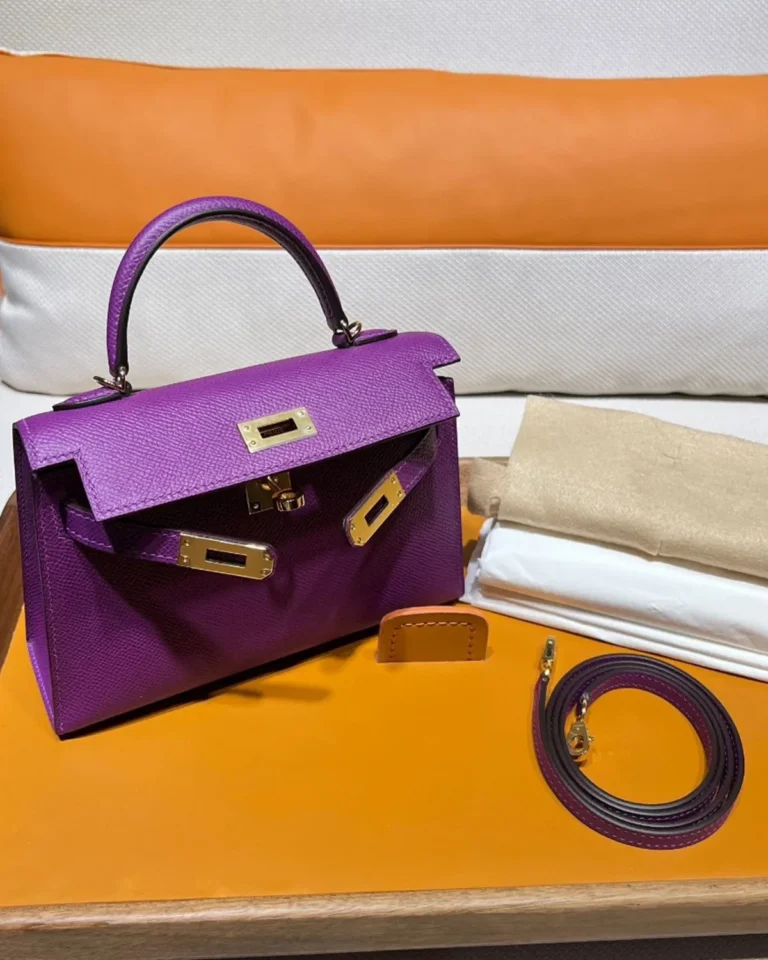 Kelly-Inspired Mini Anemone Purple Top-Handle Bag, open front flap