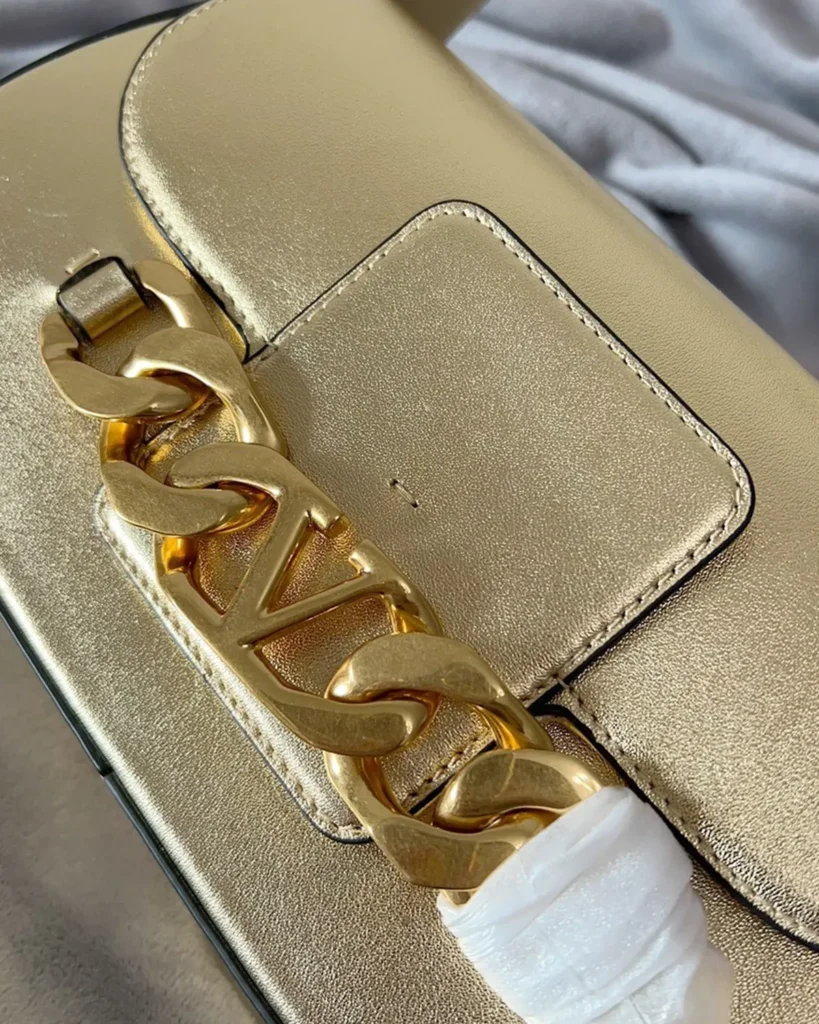 Metallic Gold-Tone Chain-Detail Shoulder Bag — chain detail view