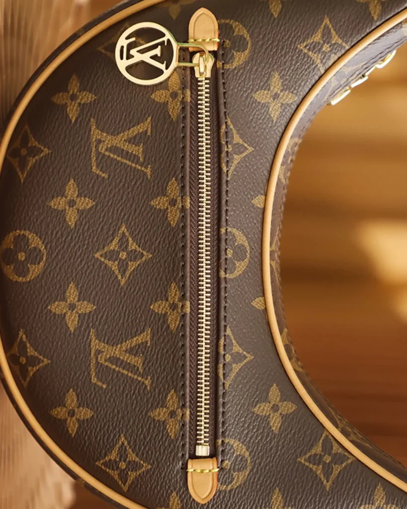 Brown Monogram Crescent Chain Shoulder Bag — zipper detail view