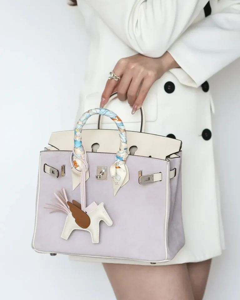 Lilac Cream Two-Tone Top-Handle Bag — side context view