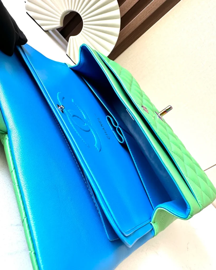 Bright Green Iridescent-Accent Flap Bag — interior view