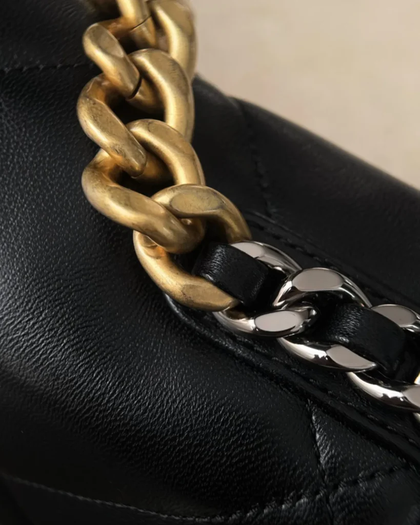 Black Quilted Mixed-Chain Flap Bag — chain detail view