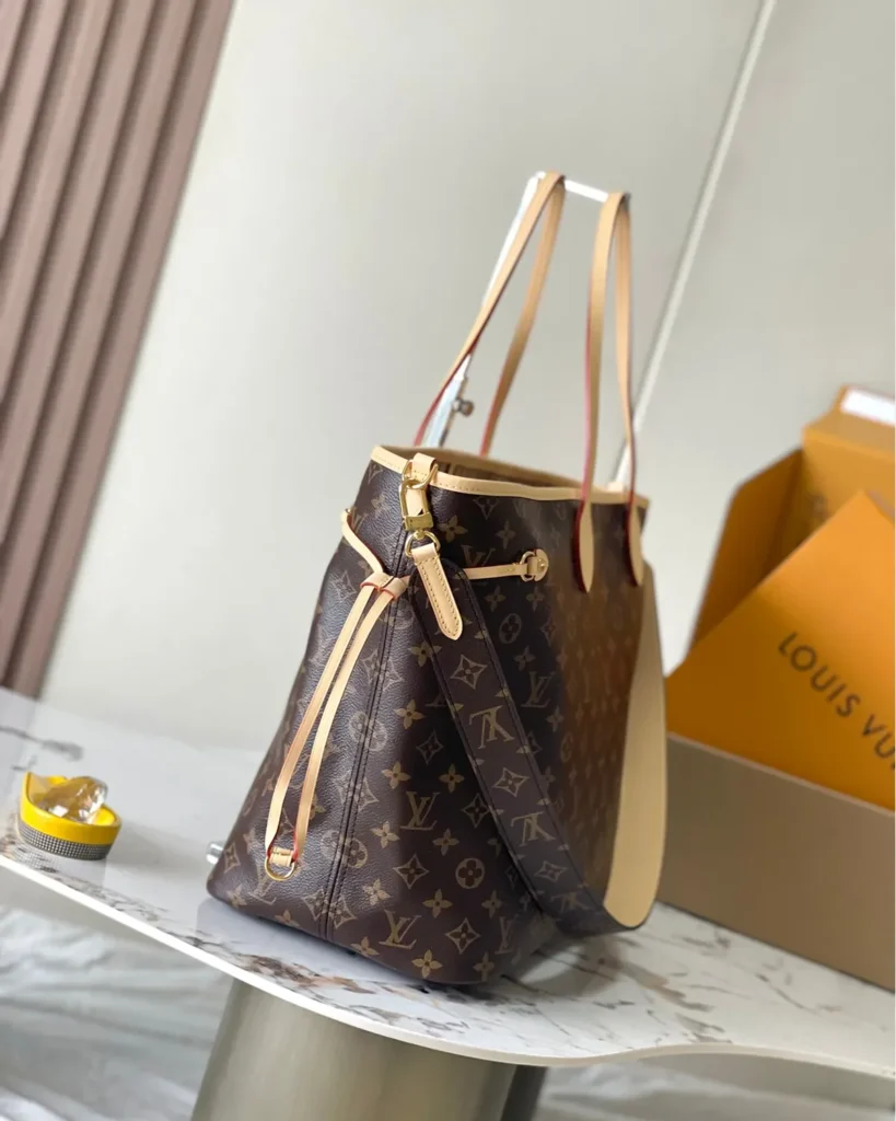 Beige Striped Stamp-Motif Reversible Tote — monogram side view