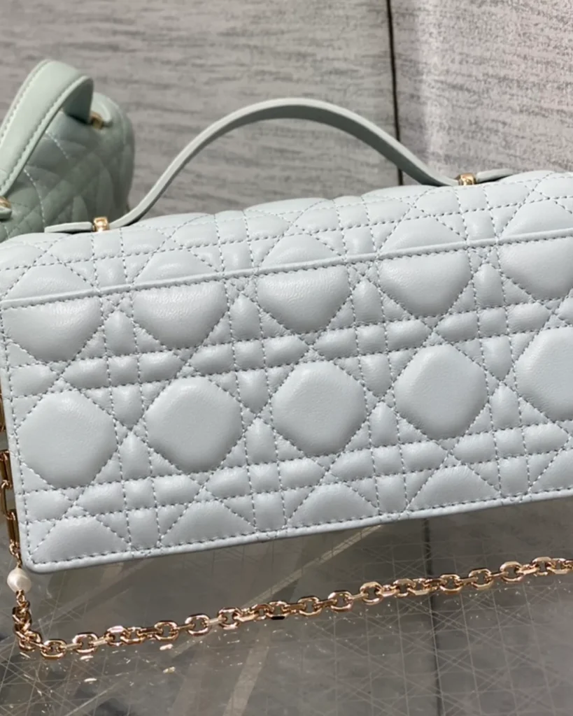 Pale Blue-Gray Quilted Top Handle Flap Bag — rear view
