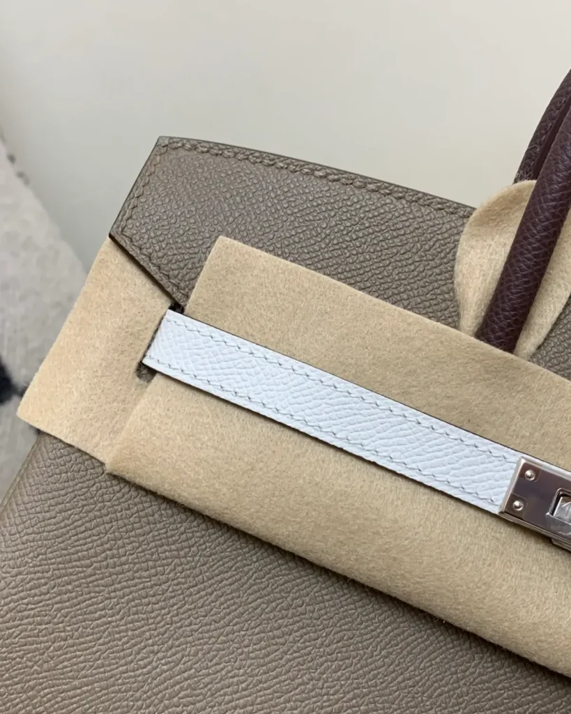 Taupe Burgundy White Top-Handle Bag — strap detail view