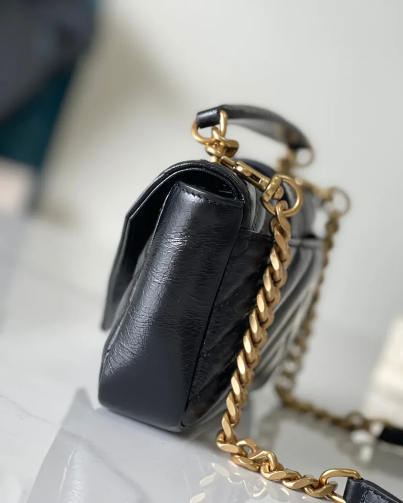 Black Chevron Top-Handle Flap Bag — side view