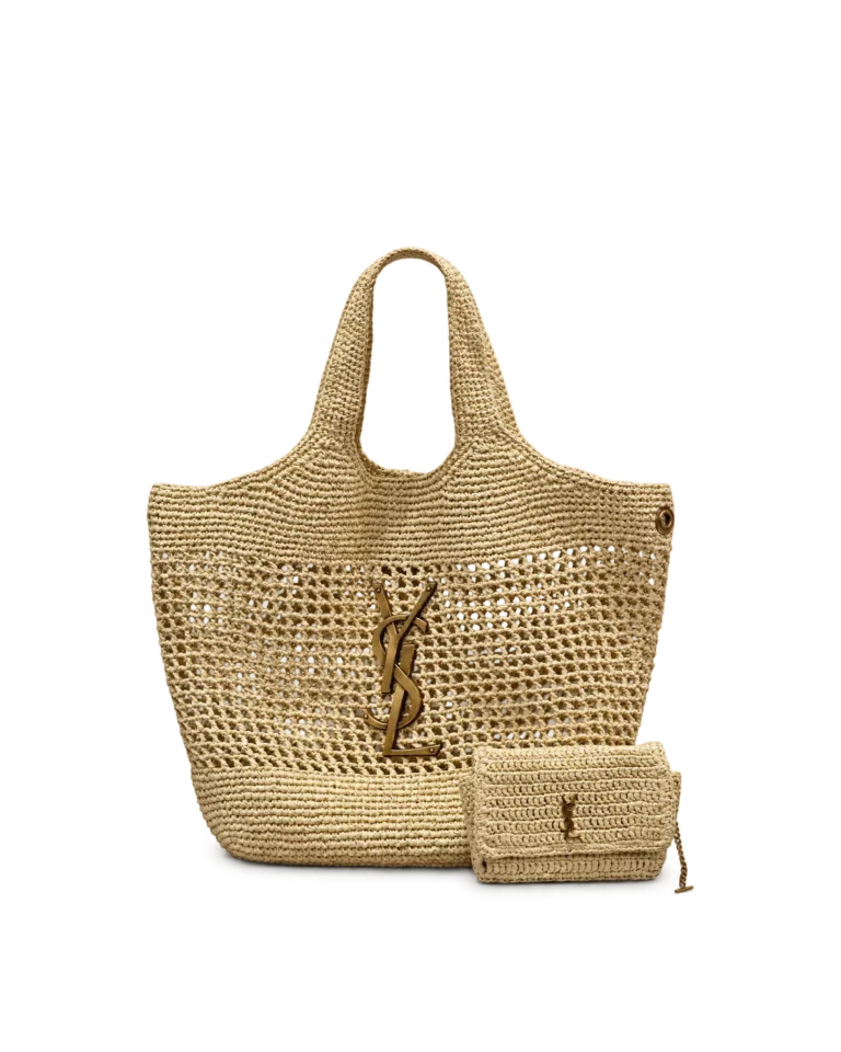 Natural-Tone Open-Weave Tote with Pouch — front with pouch view