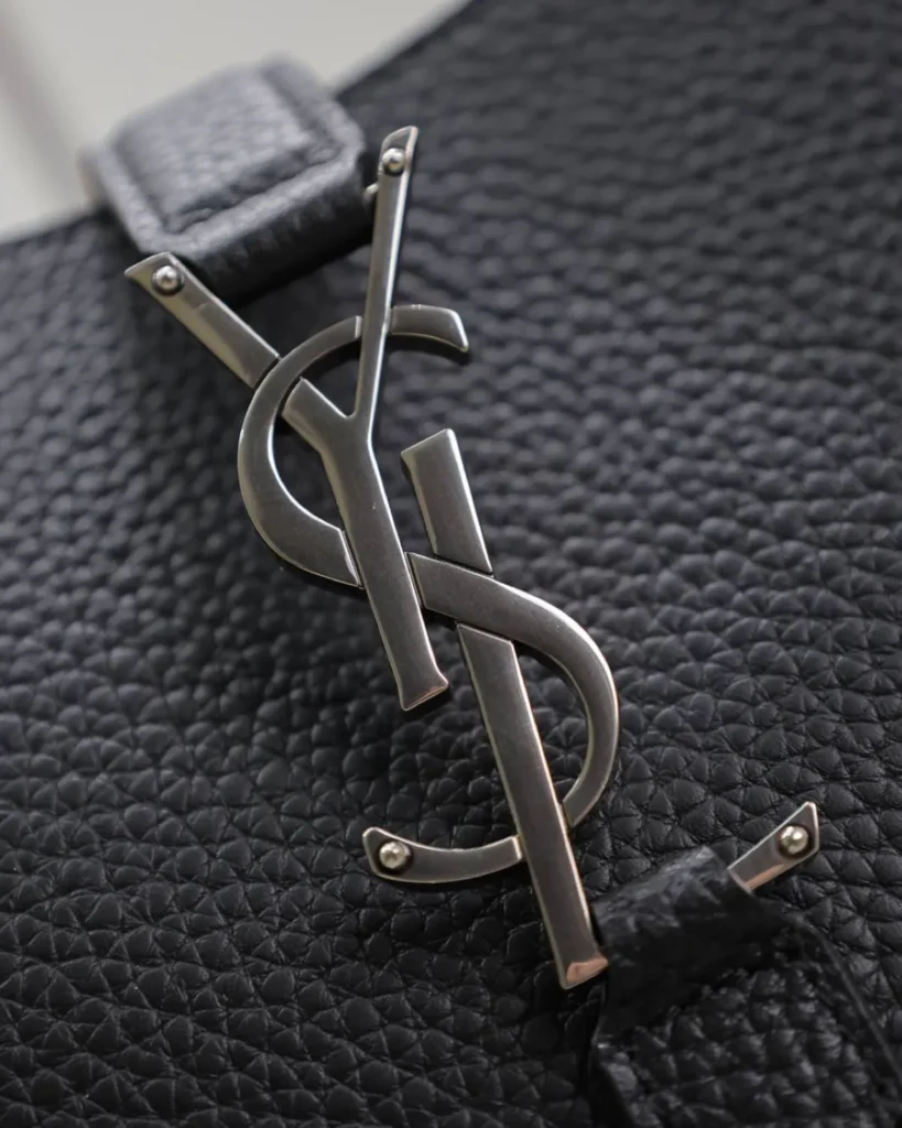 Black Grained-Look Wide Tote — logo detail view