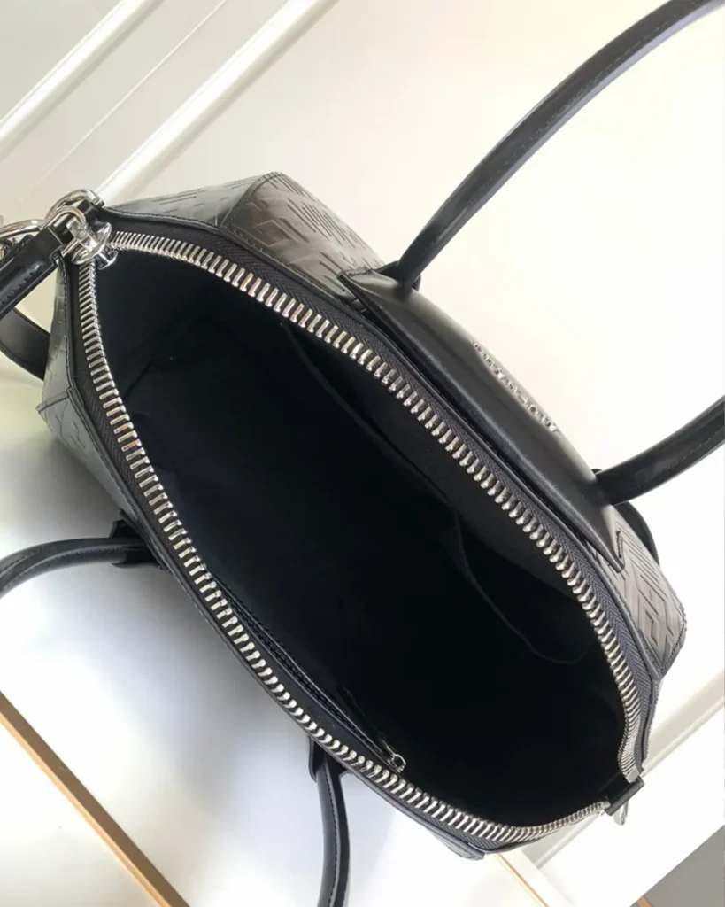 Black Geometric Embossed Twin-Handle Satchel — interior