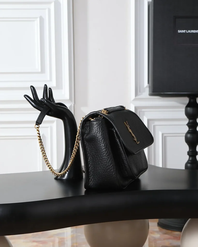 Black Pebbled Flap Chain Bag — side view
