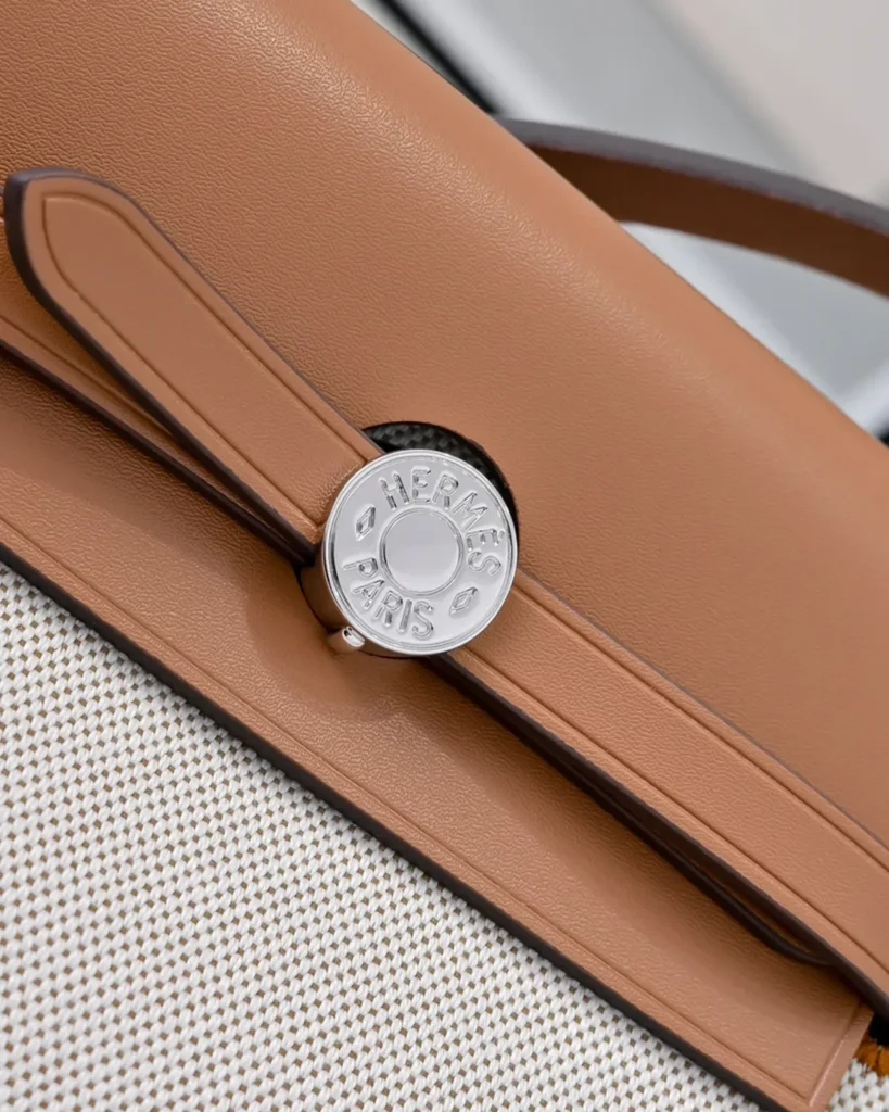 Cream Canvas-Texture Tan Flap Bag — front fitting view