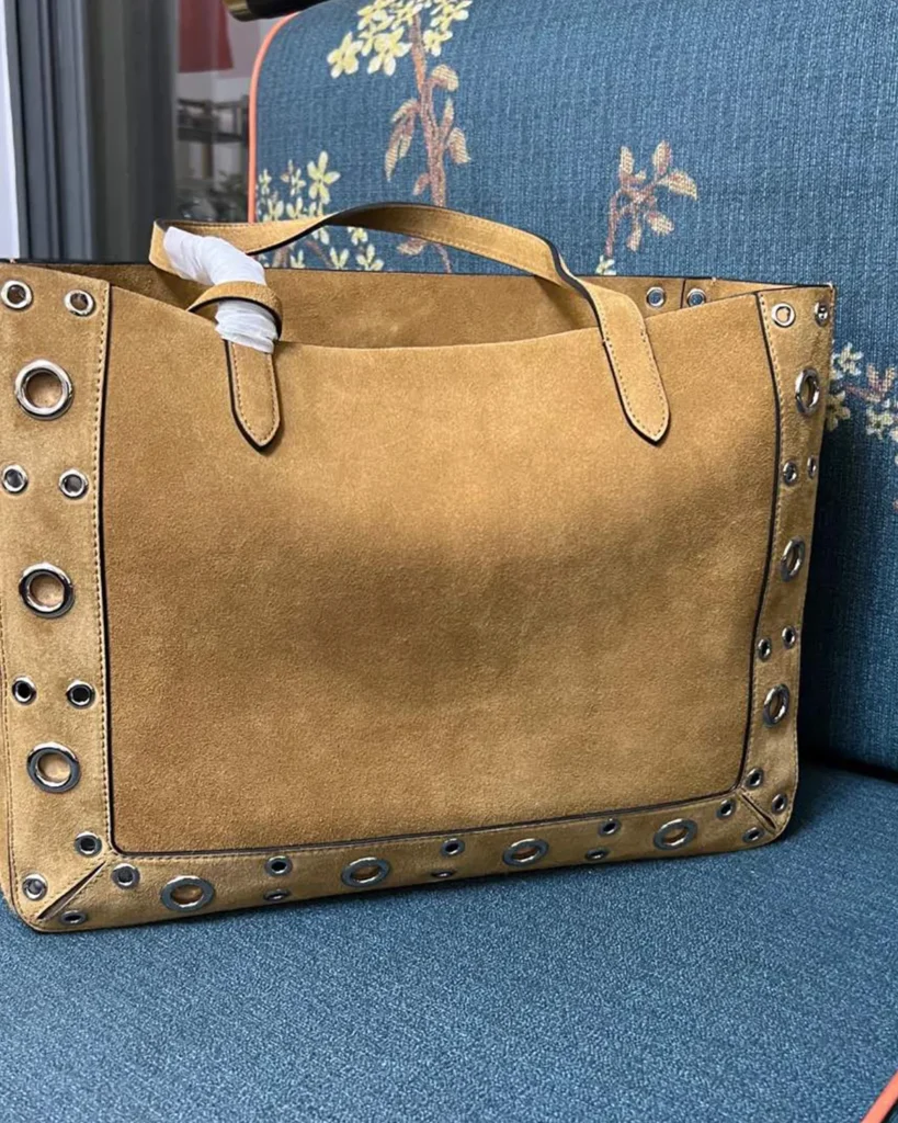 Brown Studded Long-Handle Tote — rear view