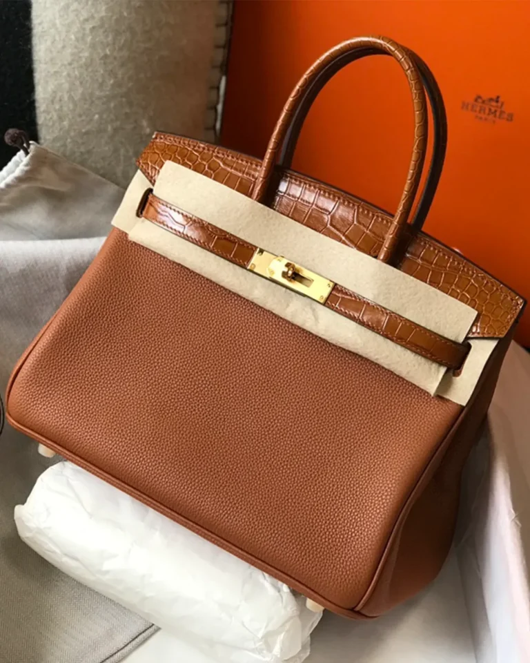 Birkin-Inspired 25 Gold Tan Mixed-Texture Tote, angled front with protected fastening