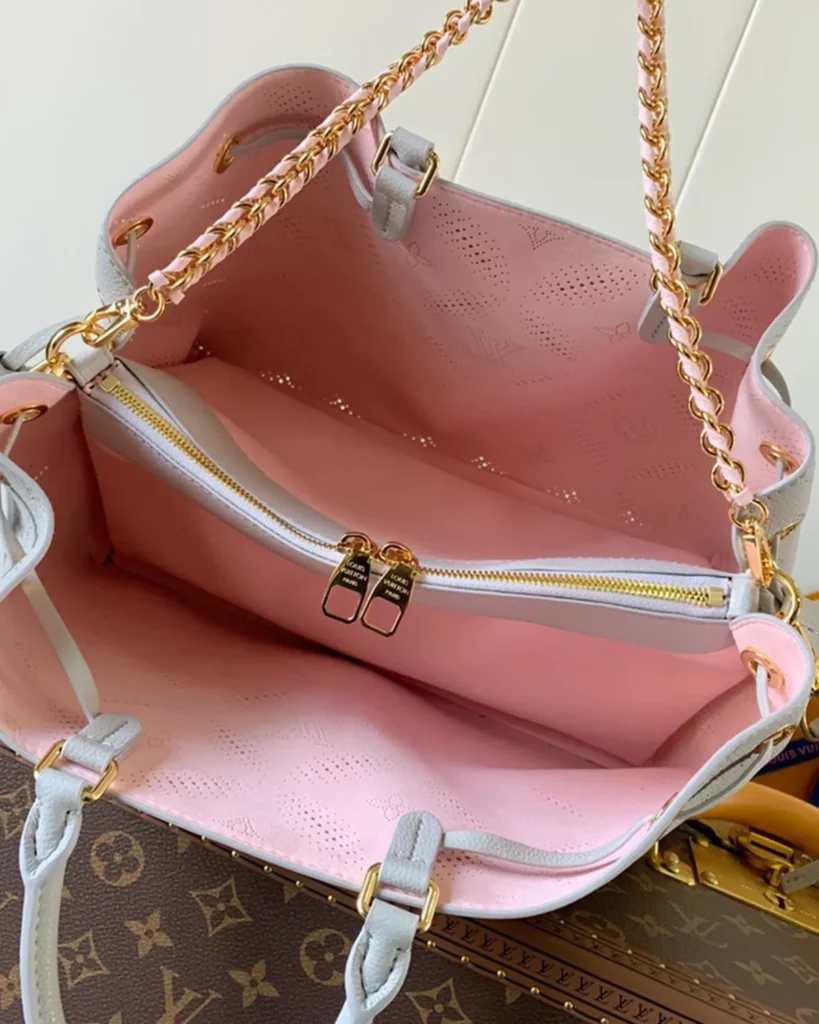 Pale Gray Perforated Monogram Chain Tote — interior view