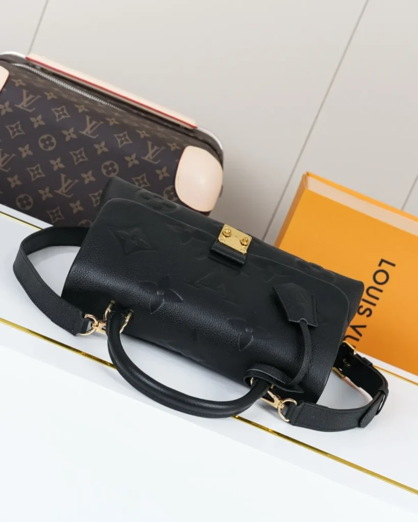 Black Embossed Flap Top Handle Bag — top rear view