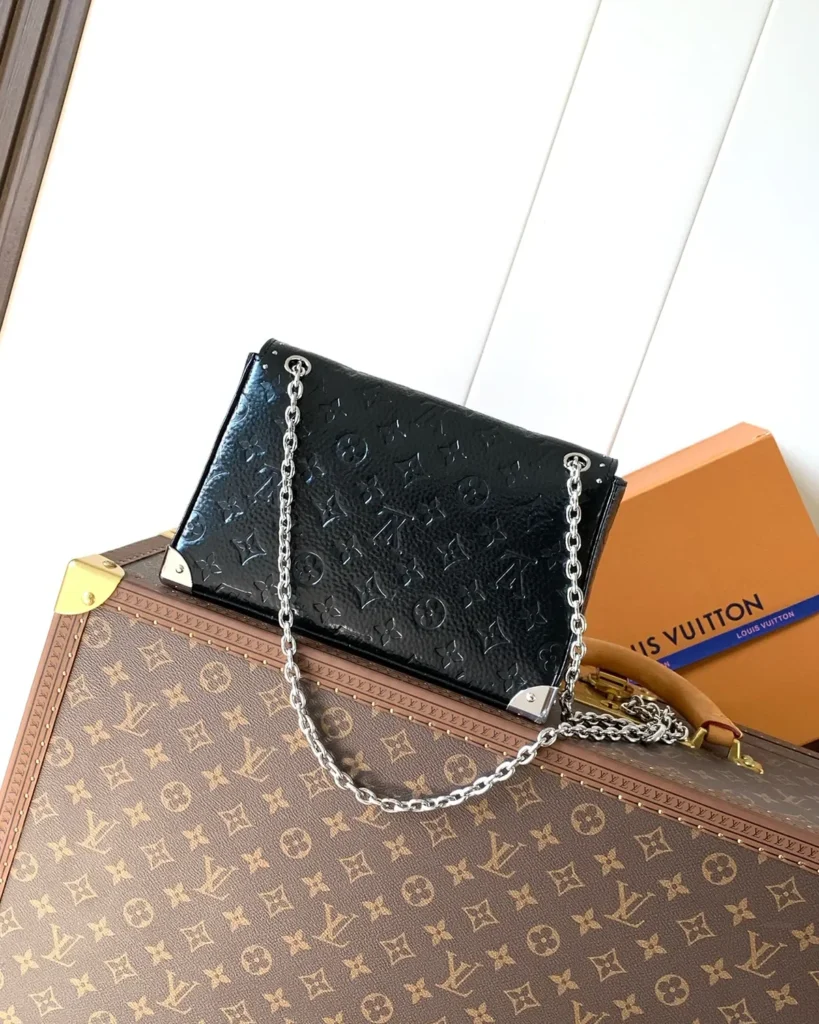Black Embossed Chain Flap Bag — rear view