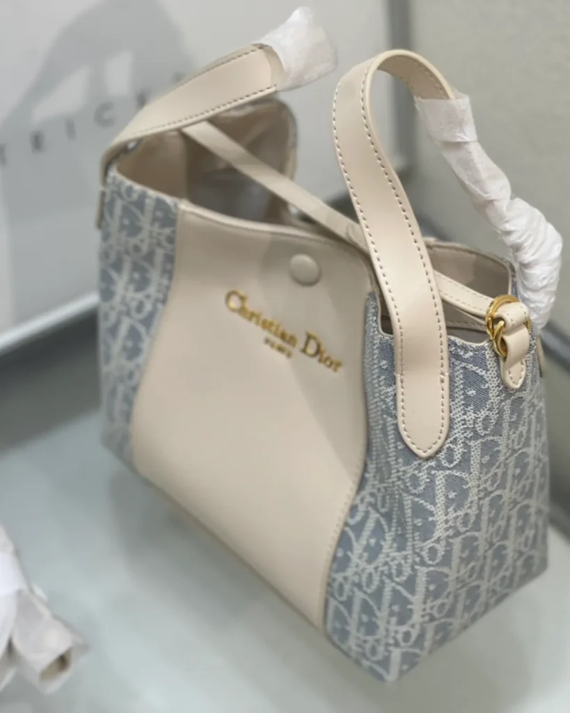 Cream and Blue Monogram Panel Tote — side view