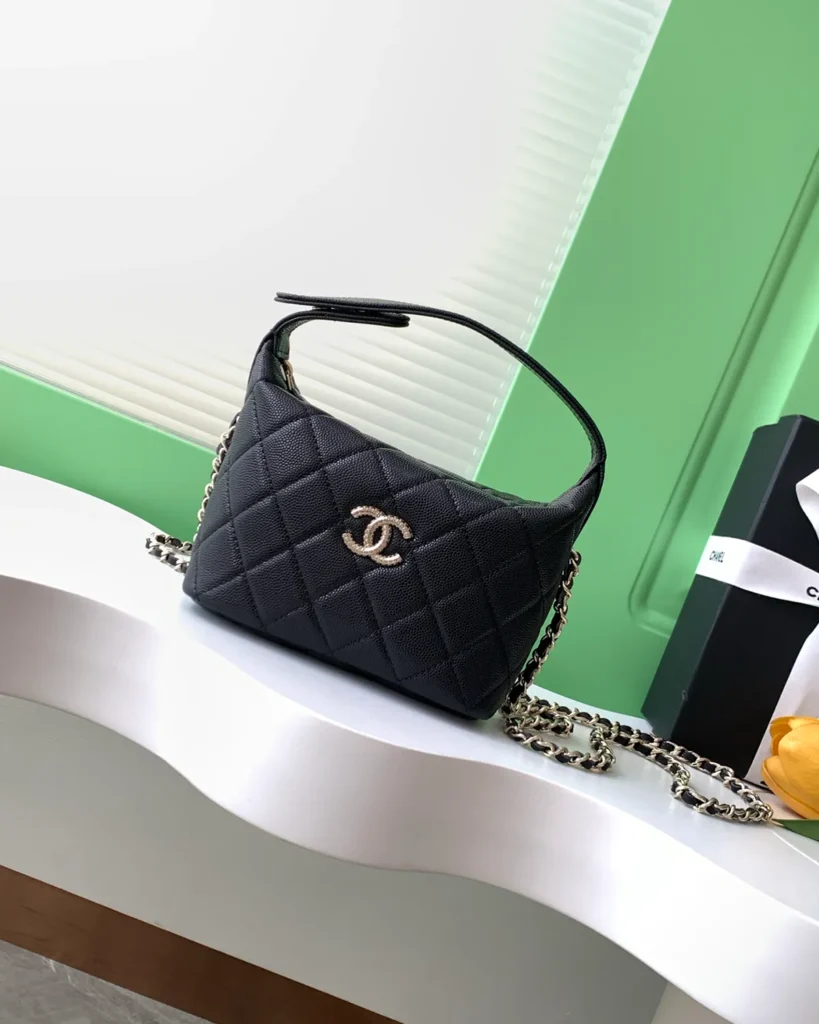 Black Quilted Short-Handle Shoulder Bag — front view