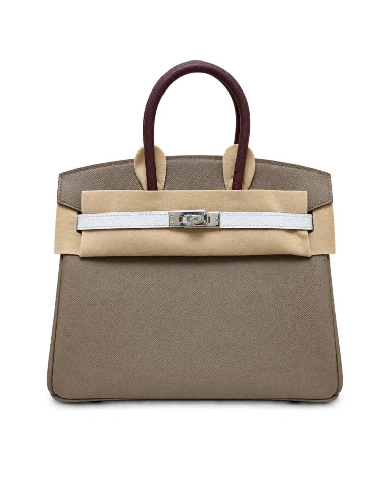 Taupe Burgundy White Top-Handle Bag — front view with protective felt