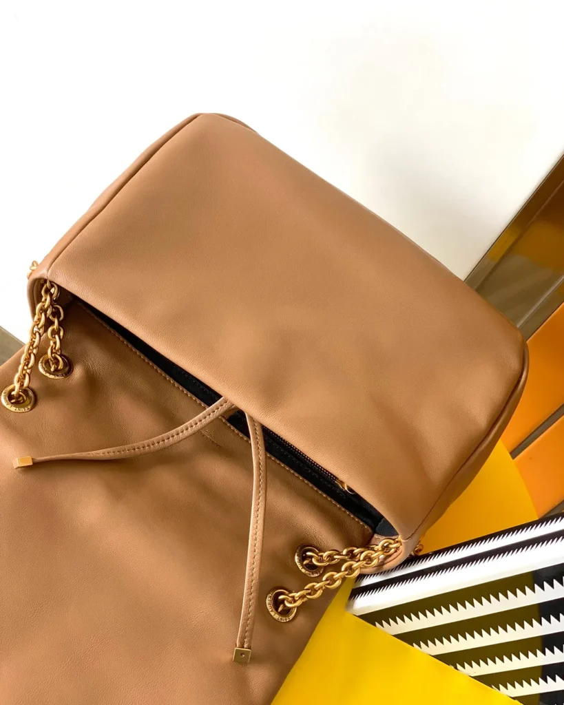 Caramel Geometric Flap Chain Bag — open flap view