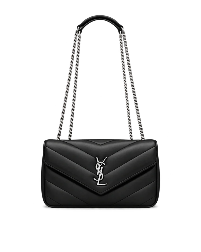 Black Chevron Flap Bag with Silver-Tone Chain — upright front view
