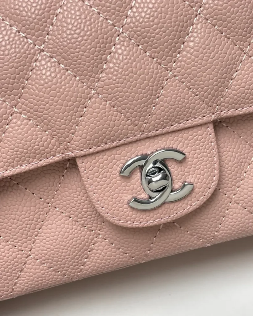 Pink Quilted Silver-Tone Chain Flap Bag — logo detail view